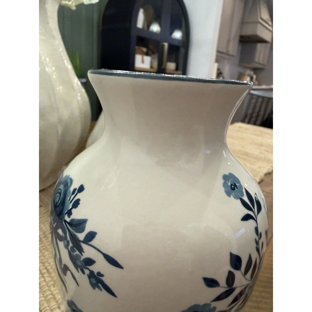 Blue White Floral Ceramic Vase Chinoiserie Spring Home Decor 9” NEW
